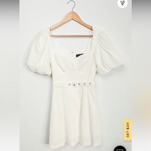Dedication to Detail White Puff Sleeve Belted Mini Dress